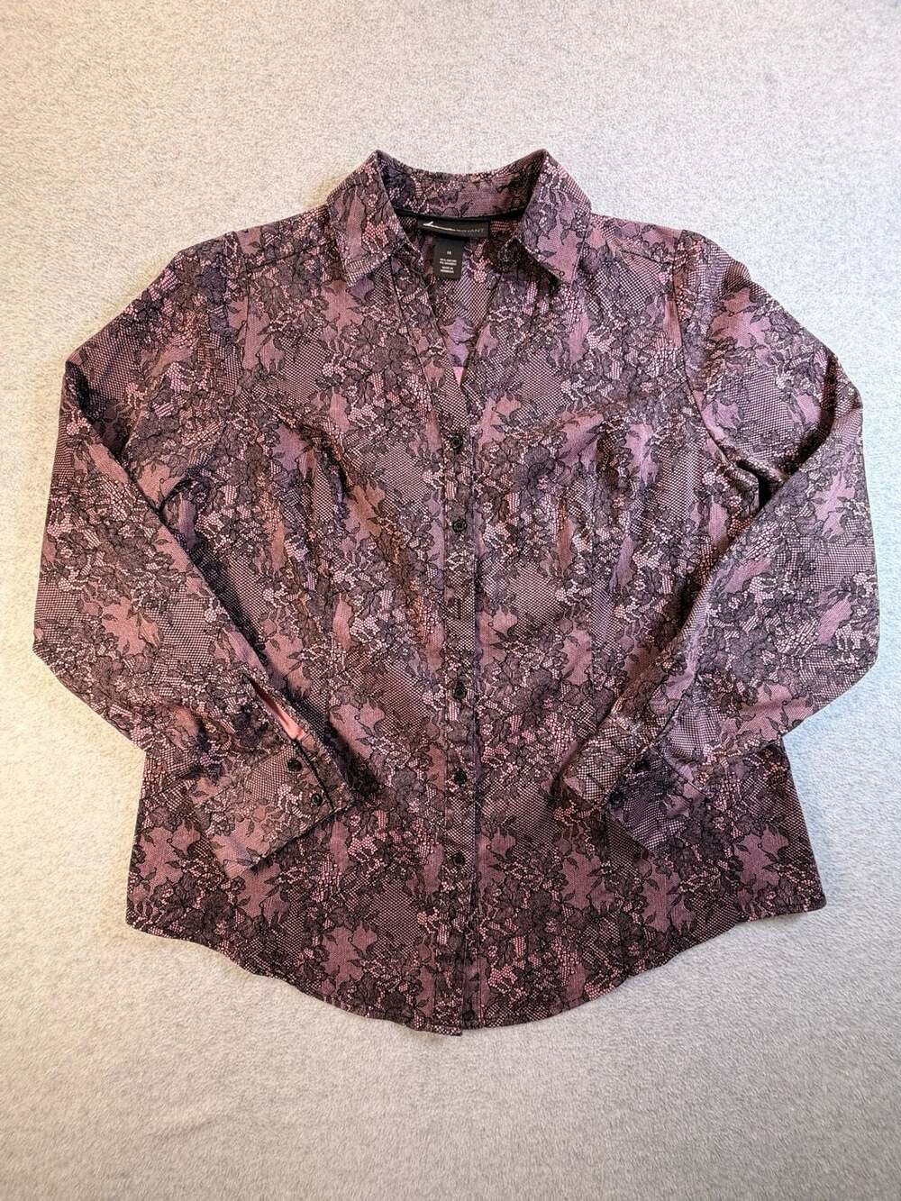 Lane Bryant Button Up Shirt Size 14 Pink Black Floral Lace Print Long Sleeve